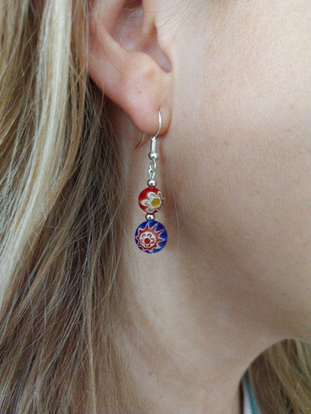 Red and Blue Millefiori Beaded Earrings - design-eye-gallery