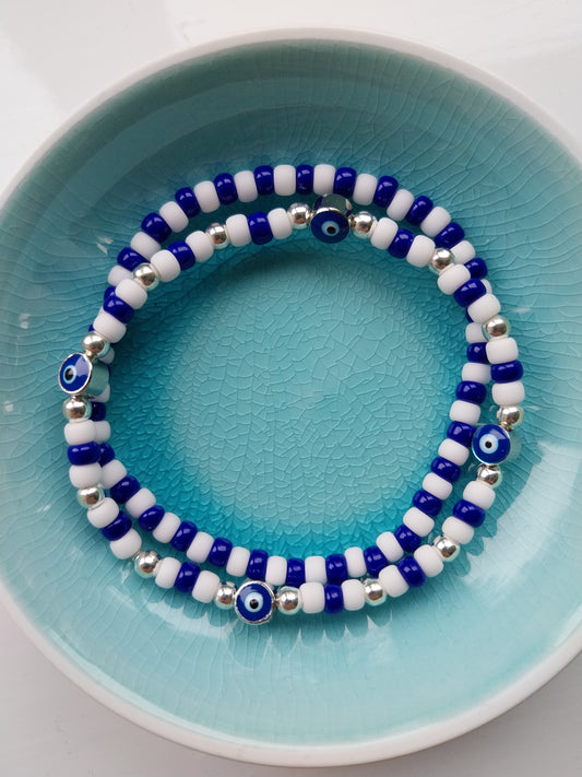 Blue Evil Eye Pair of Bead Bracelets