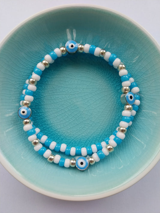Light Blue & White Bead Evil Eye Pair of Bracelets