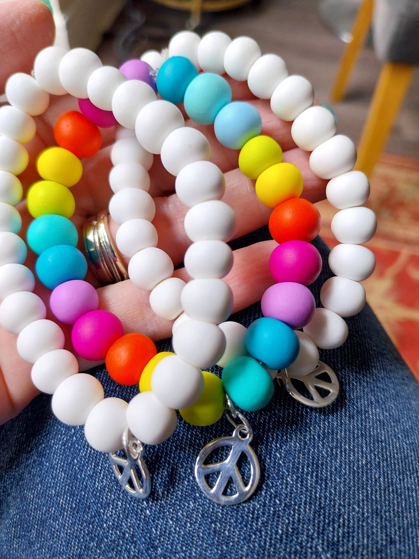 White peace charm bead bracelet