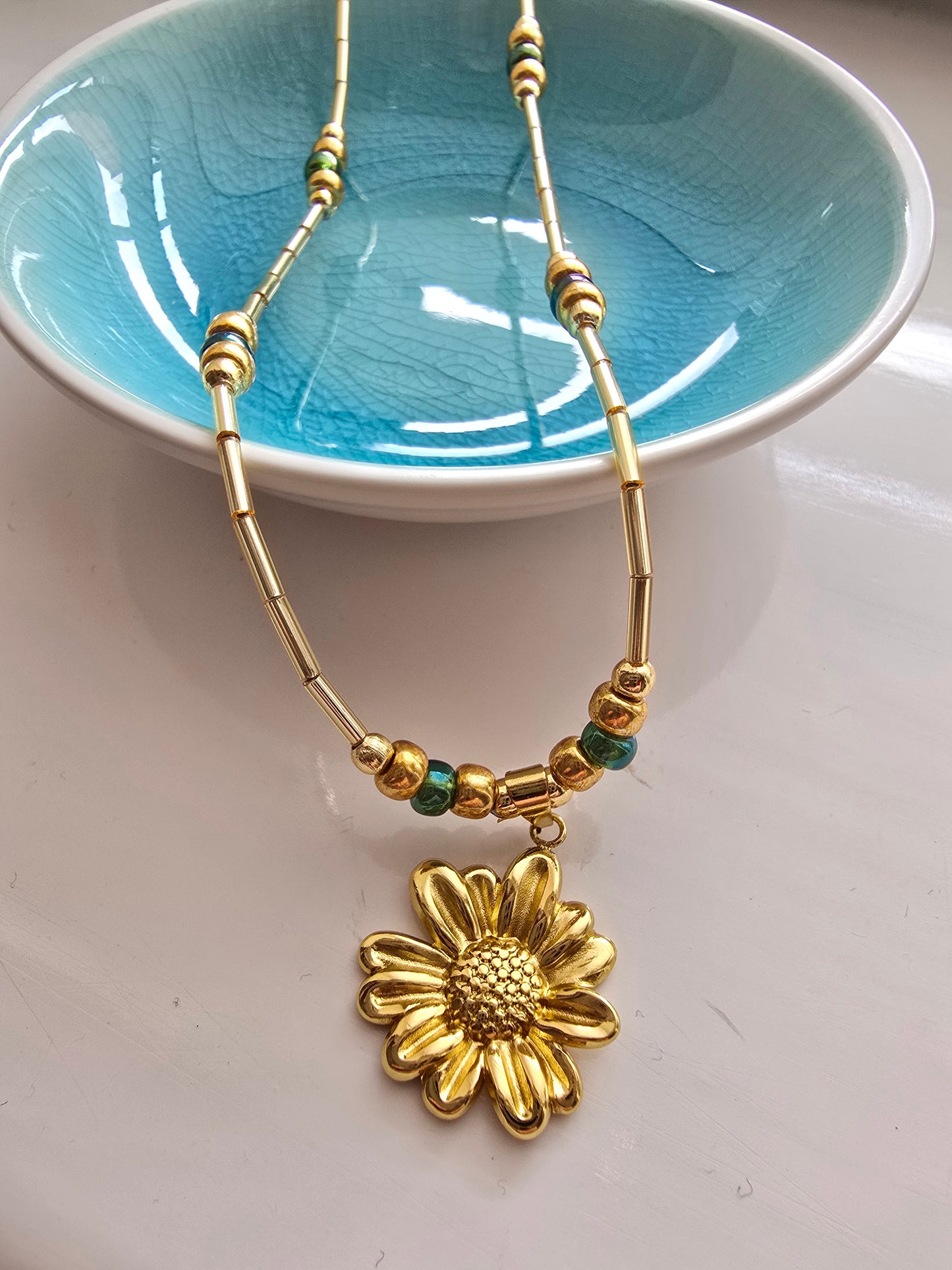 Gold Flower Pendant Necklace – Handmade Boho Jewellery with Green Glass Beads