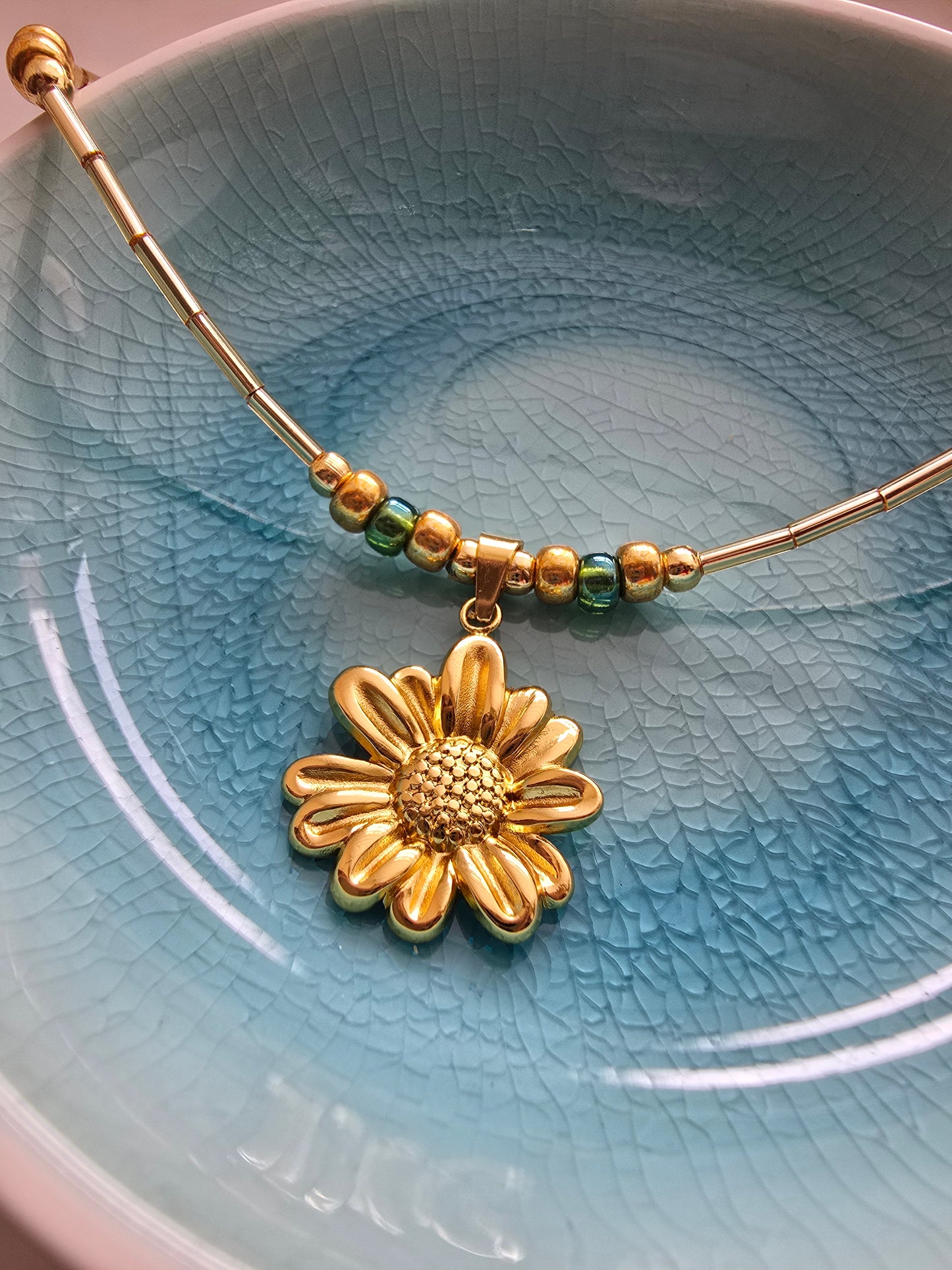 Gold Flower Pendant Necklace – Handmade Boho Jewellery with Green Glass Beads