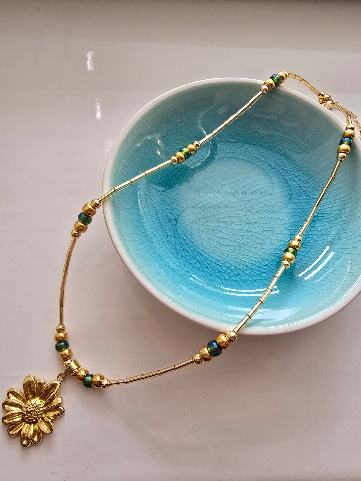 Gold Flower Pendant Necklace – Handmade Boho Jewellery with Green Glass Beads