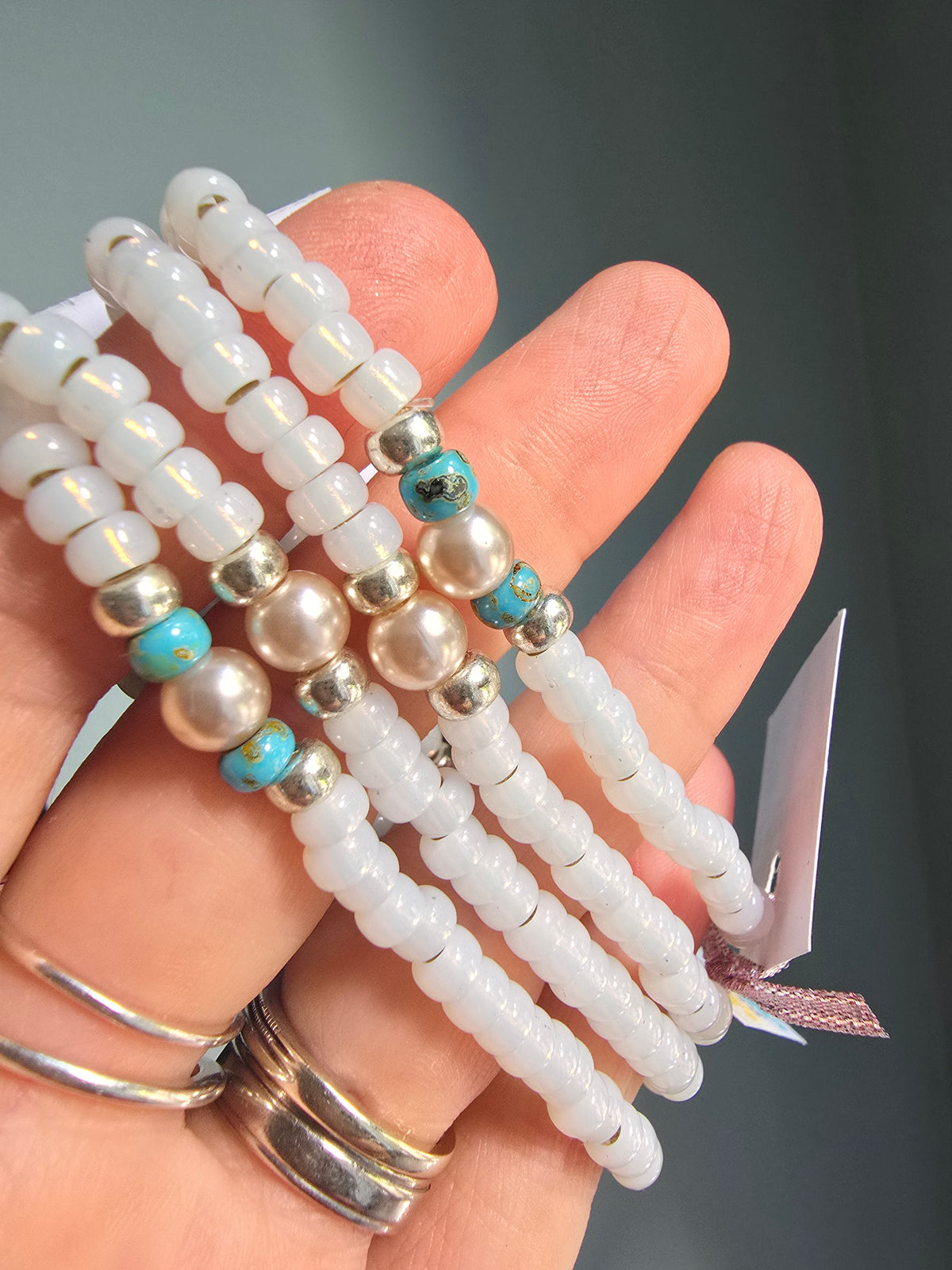 Turquoise, Silver and Pearl Beaded Bracelet Stacks