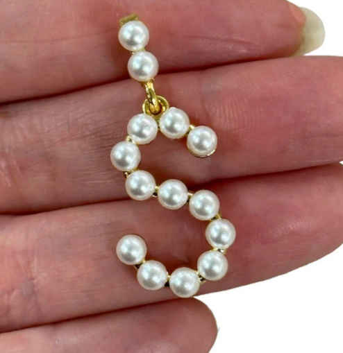 Black Agate Bead Bracelet with Pearl Initial Charm - 24kt Gold Plated Letter