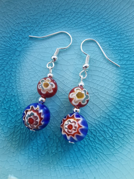 Red and Blue Millefiori Beaded Earrings - design-eye-gallery