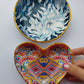 Blue and white floral trinket dish and heart shaped colourful trinket dish with gold gilt edging