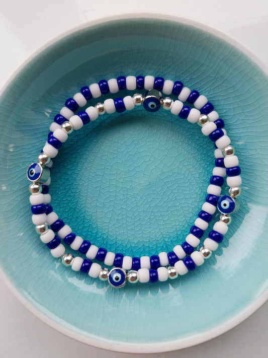 Blue & White Bead Evil Eye Pair of Bracelets