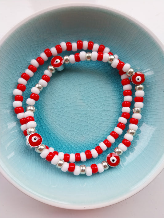Red & White Evil Eye Pair of Bracelets