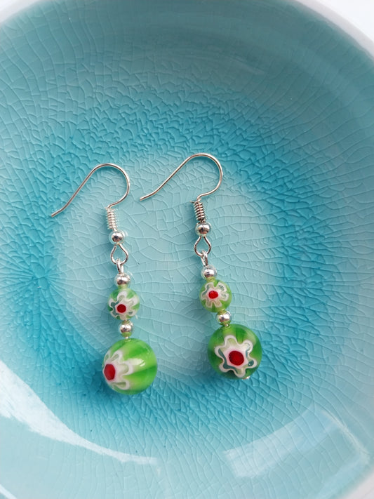 Green Millefiori Bead Earrings