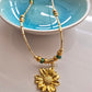 Gold Flower Pendant Necklace – Handmade Boho Jewellery with Green Glass Beads