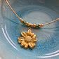 Gold Flower Pendant Necklace – Handmade Boho Jewellery with Green Glass Beads