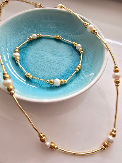 Freshwater Pearl & Gold Bead Necklace