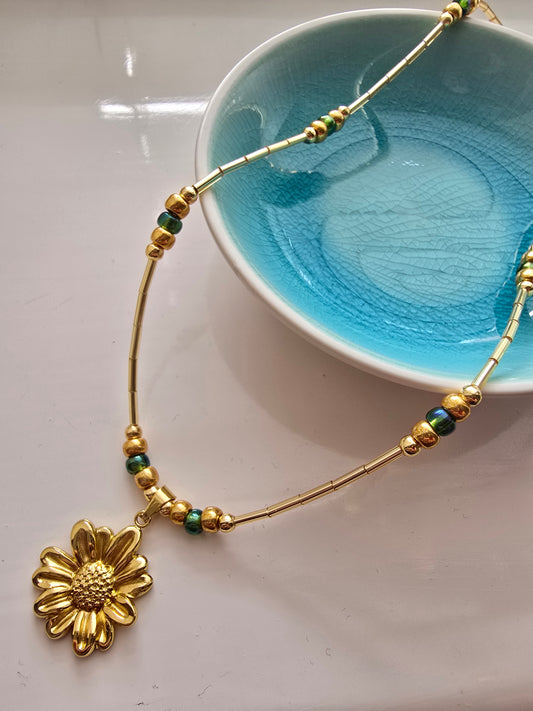 Gold Flower Pendant Necklace – Handmade Boho Jewellery with Green Glass Beads