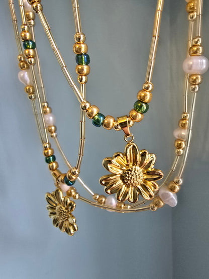 Gold Flower Pendant Necklace – Handmade Boho Jewellery with Green Glass Beads