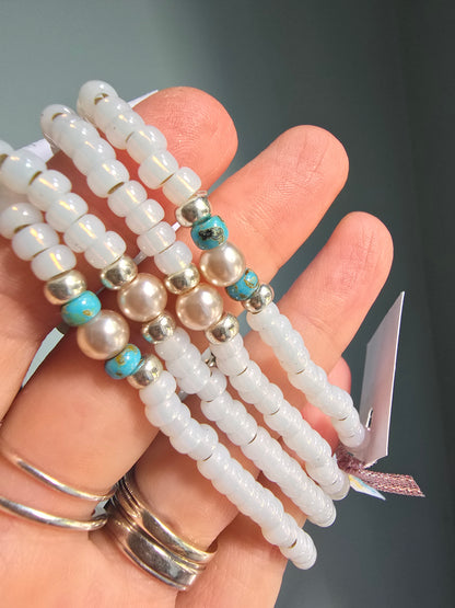 Turquoise, Silver and Pearl Beaded Bracelet Stacks