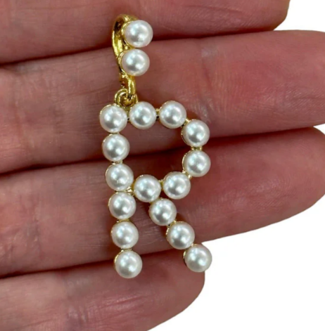 Black Agate Bead Bracelet with Pearl Initial Charm - 24kt Gold Plated Letter