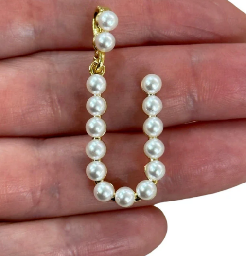 Black Agate Bead Bracelet with Pearl Initial Charm - 24kt Gold Plated Letter