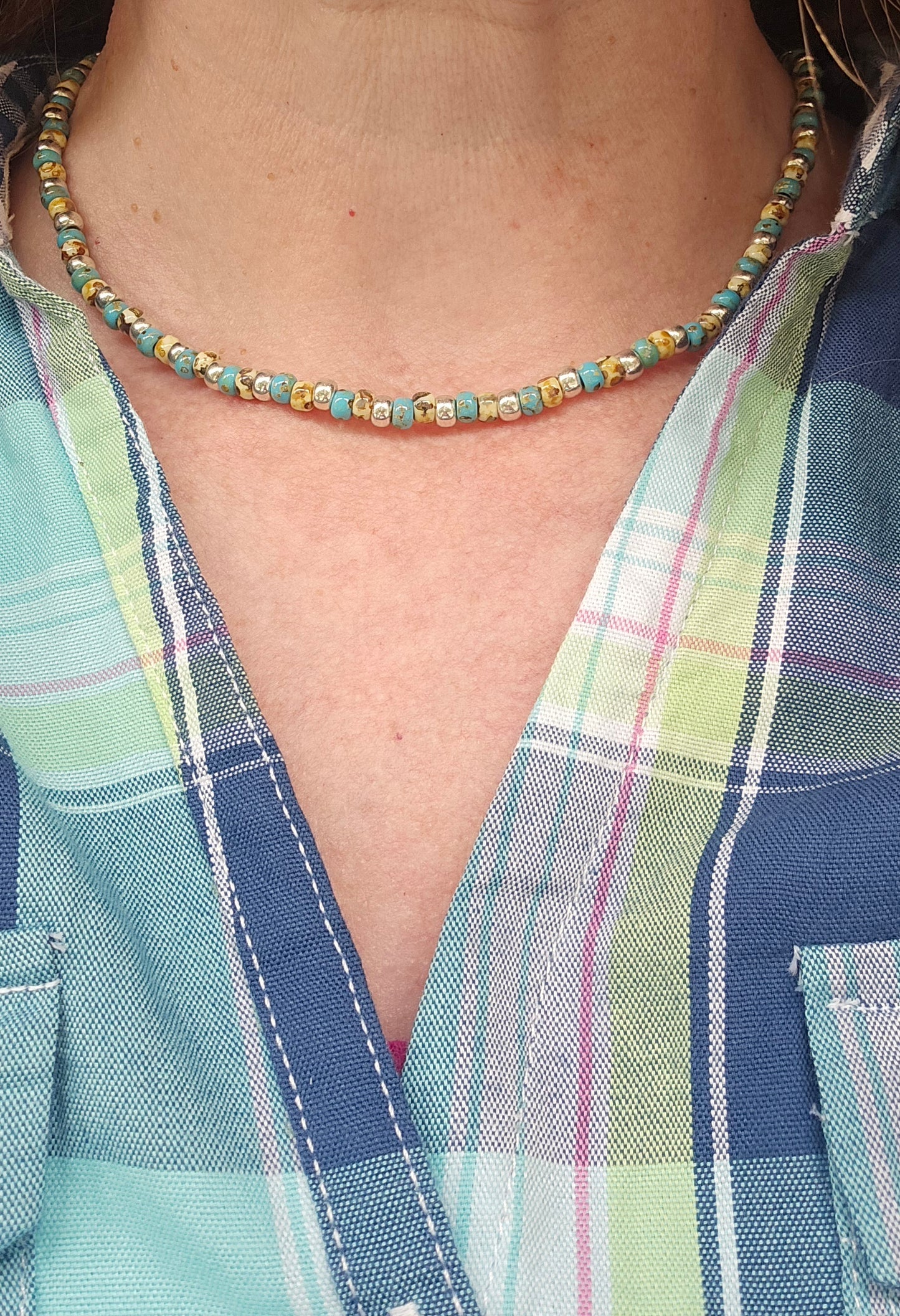 Silver Turquoise Choker Bead Necklace