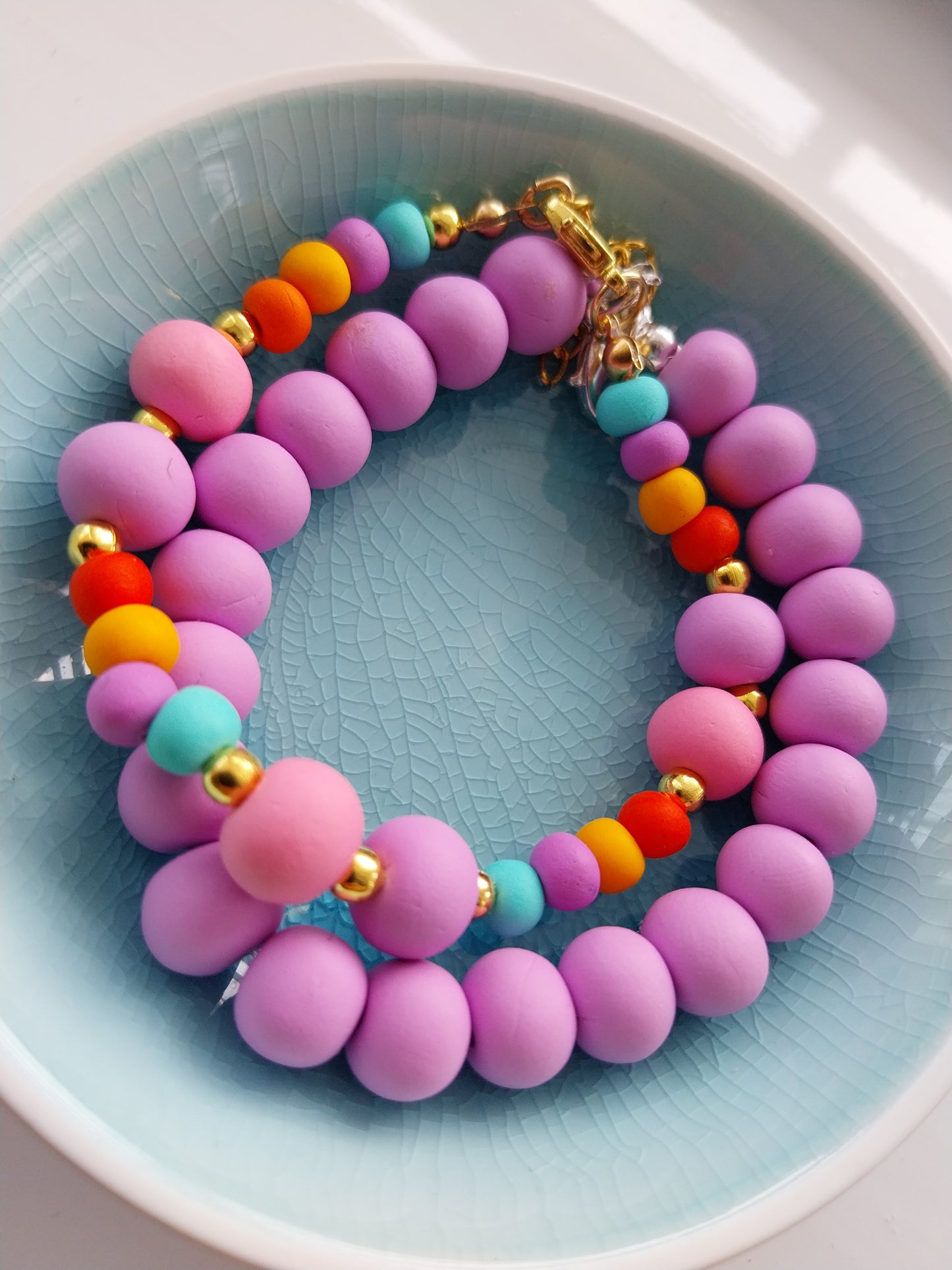 Multi-coloured polymer clay bead bracelet