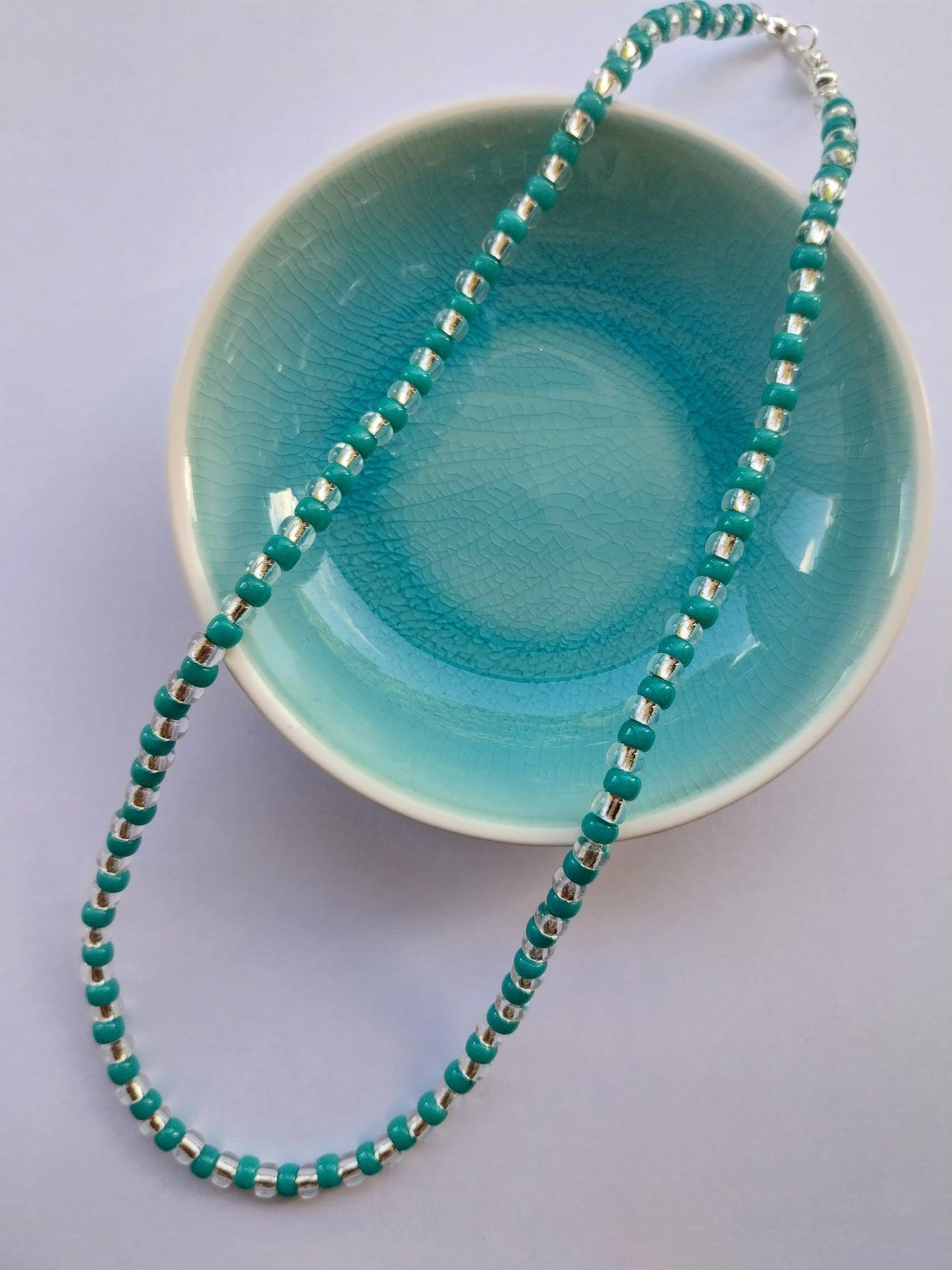 Teal and crystal glass bead necklace