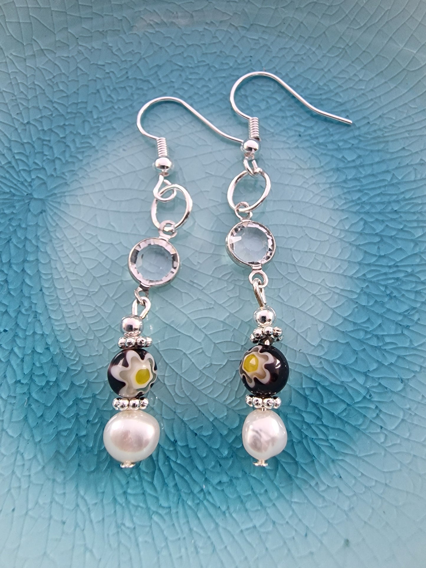 Silver, Pearl & Swarovski Drop Earrings