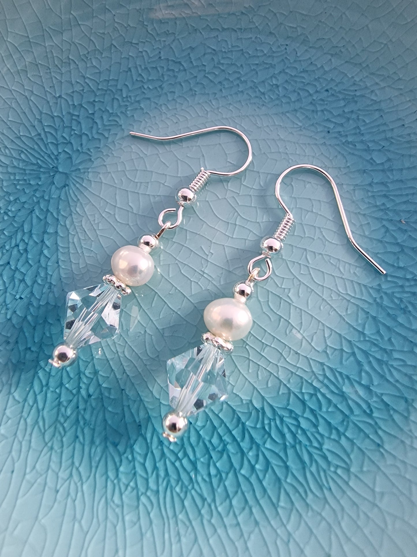 Light Azure Blue Swarovski Crystal and Pearl Silver Earrings