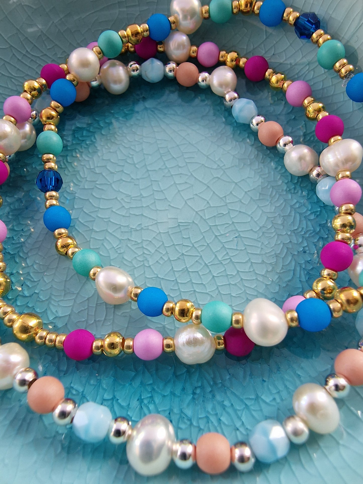 Czech glass bead and pearl bracelets in blues, pinks and pale shades