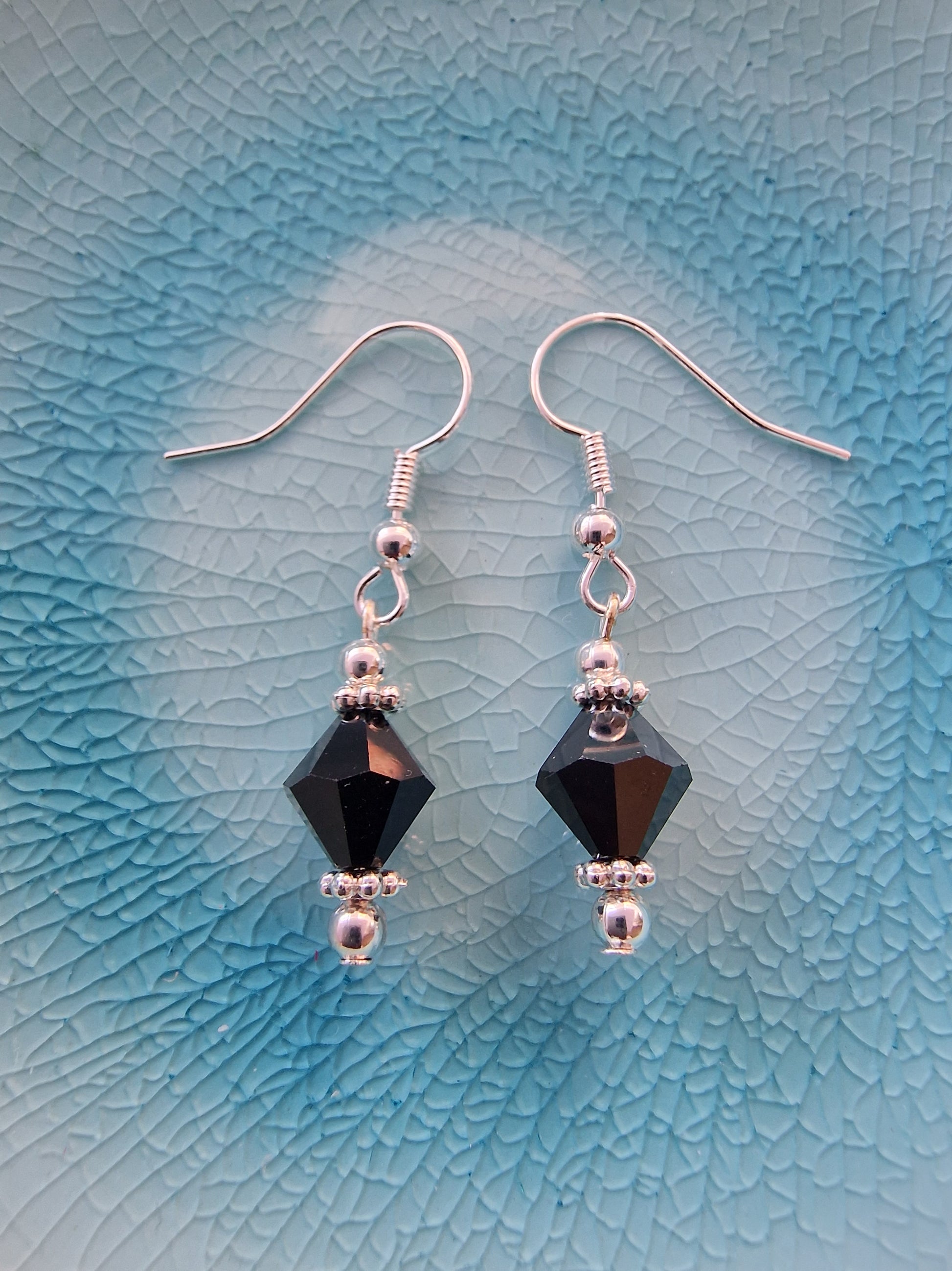 Jet Hematite Swarovski Bead Drop Earrings in Silver - design-eye-gallery