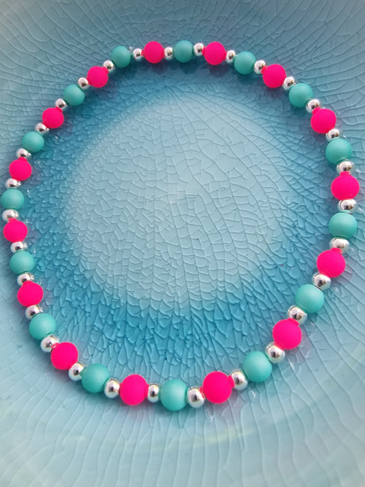 Neon Pink and Mint Czech Glass Bead Bracelet