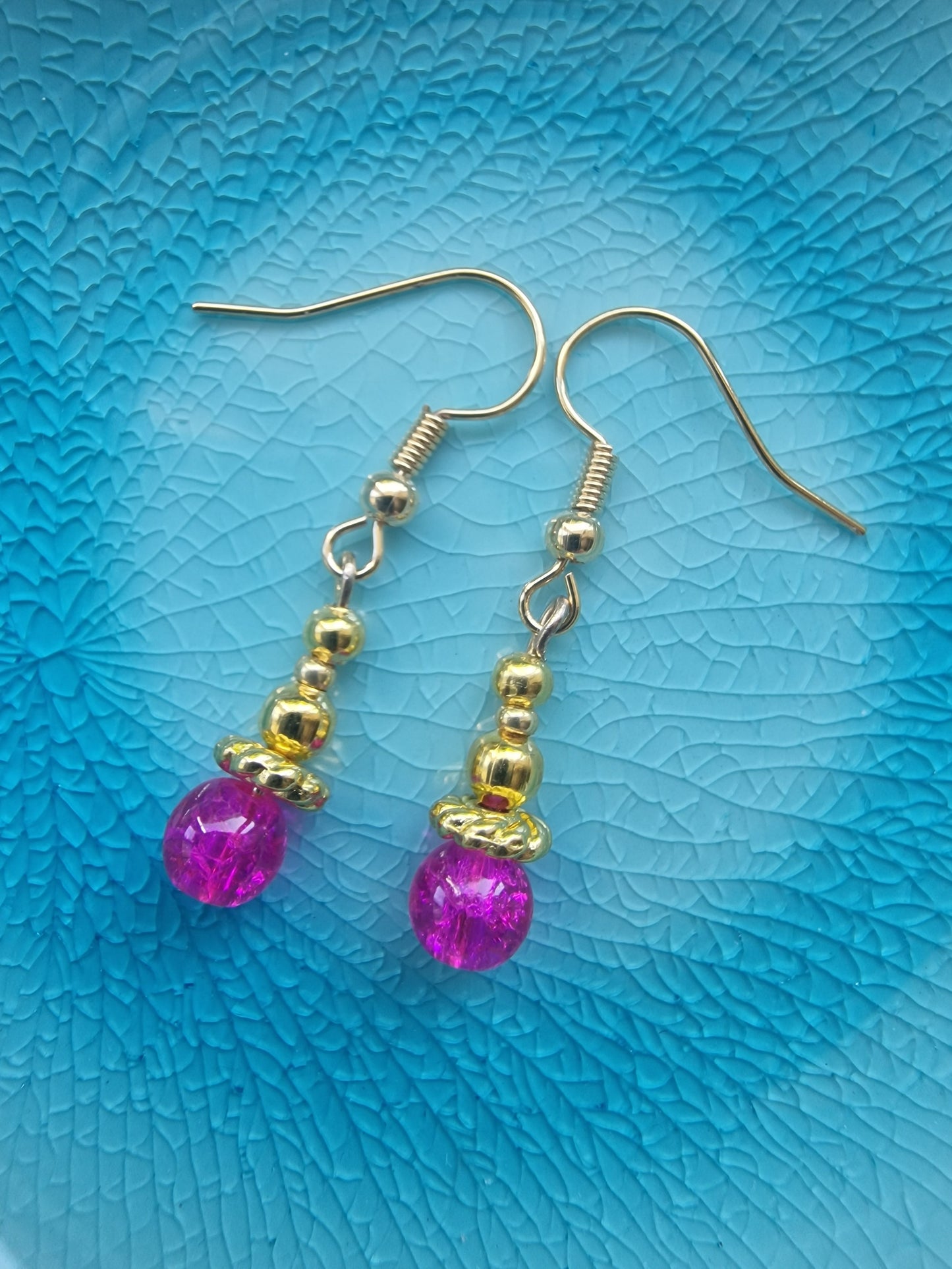 Fuchsia and gold dainty drop earrings