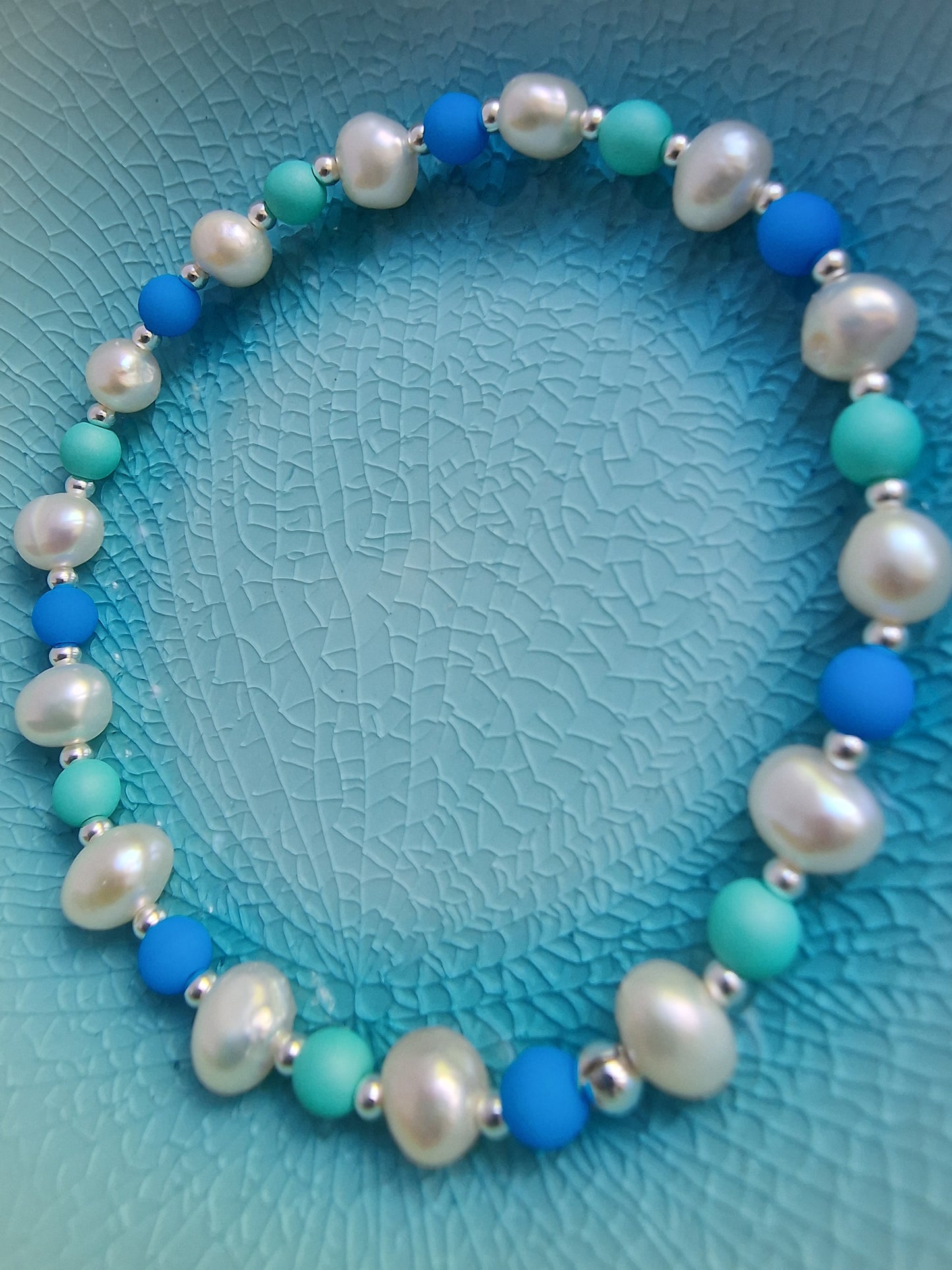 Pearl, Silver and Vibrant Blue Bracelet