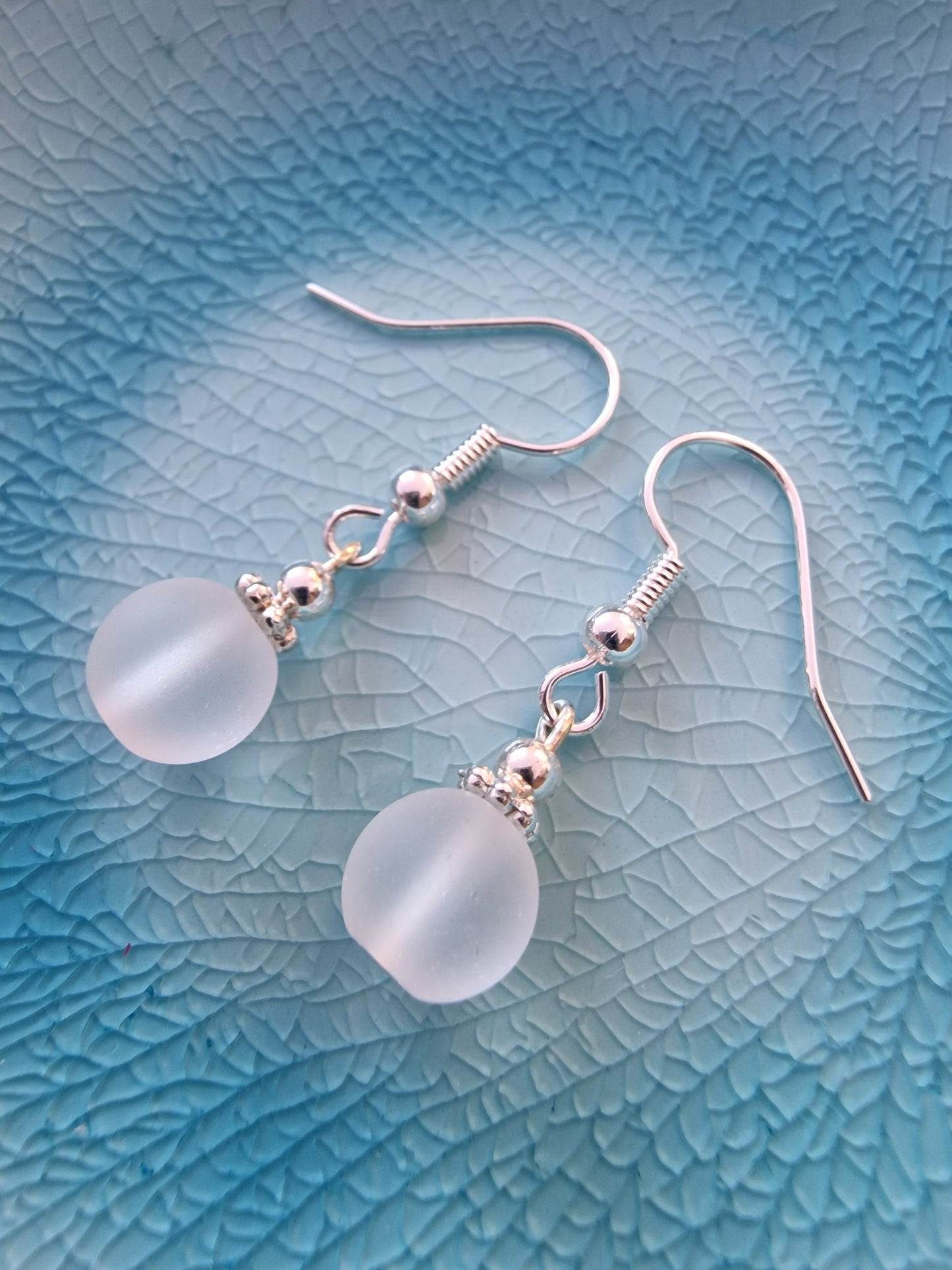 White Frosted Glass Drop Earrings in Silver