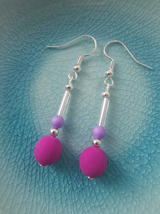 Vibrant Orchid, Lavender and Silver Drop Earrings