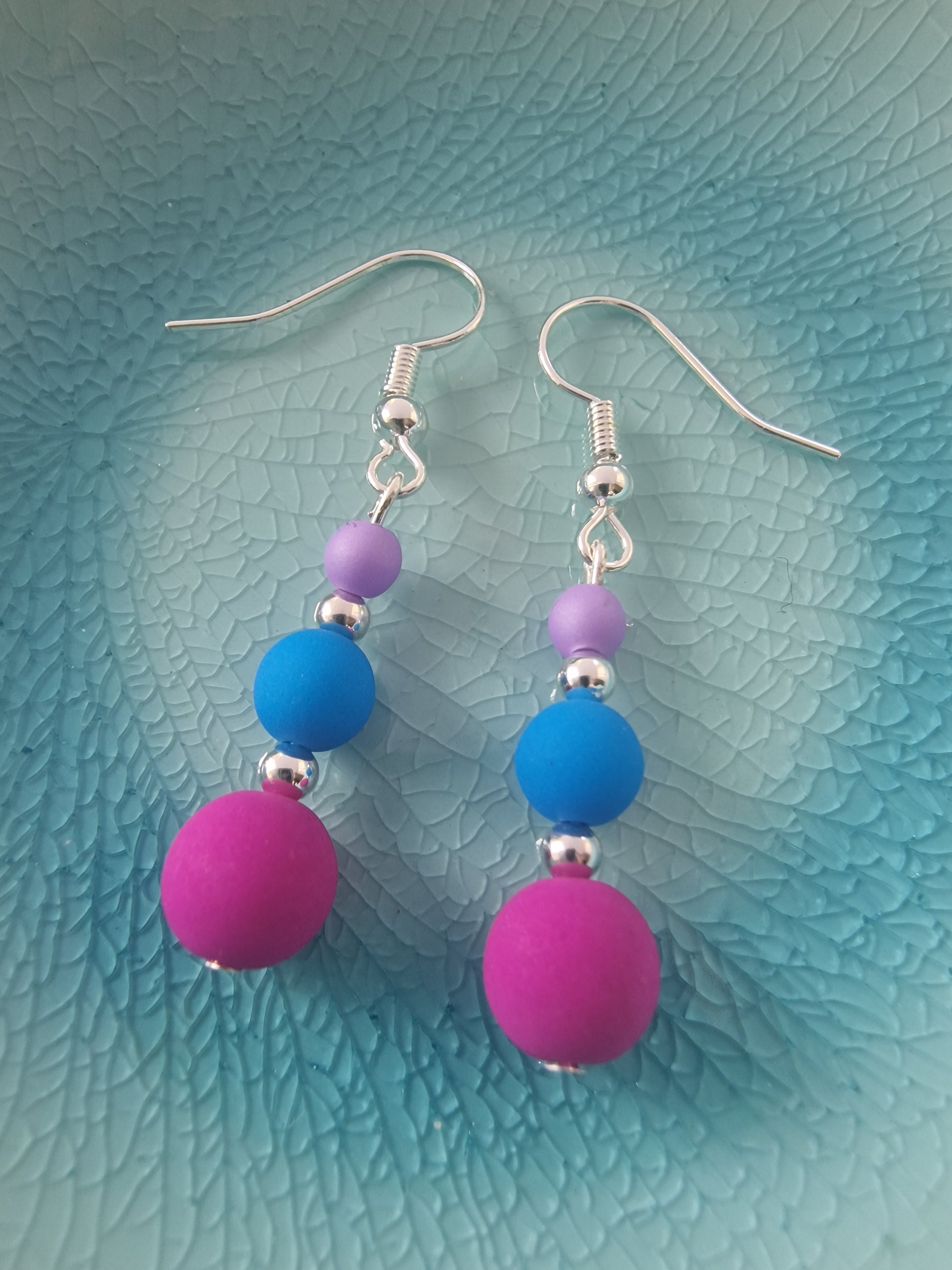 Czech glass 3 drop bead earrings in vibrant orchid and blue