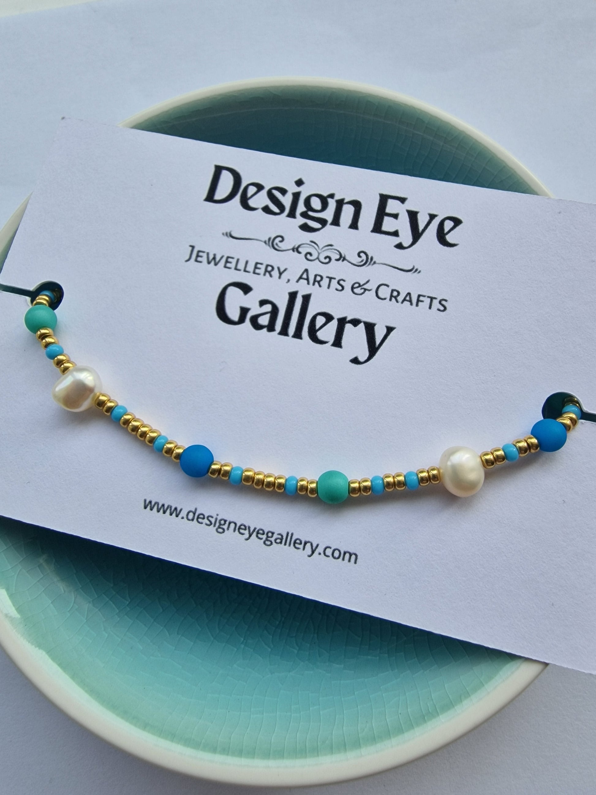 Blue Czech Glass Bead Bracelet with Freshwater Pearls - design-eye-gallery