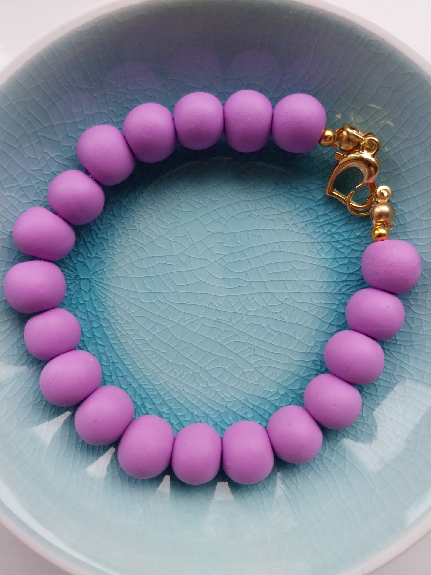 Lilac Polymer Clay Bead bracelet with gold plated heart shaped clasp